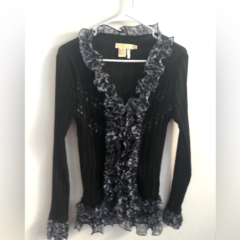 Michael Kors Whimsigoth Black Sheer M Ruffle Blouse Button up Feminine Romantic